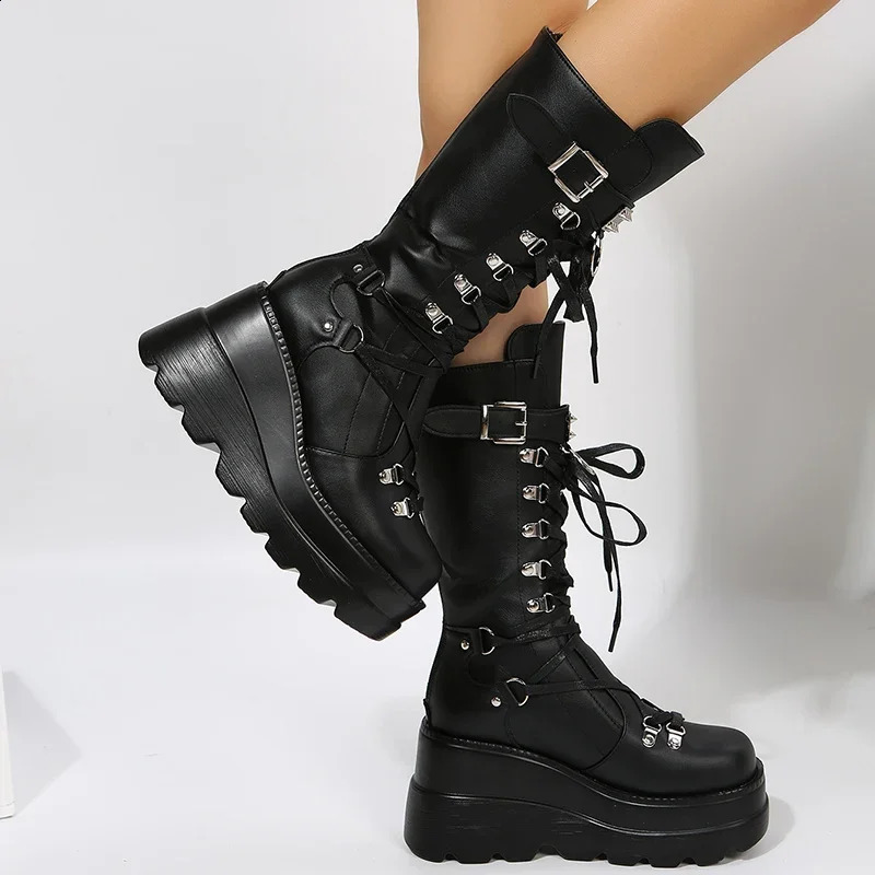 Womens Goth Platform Motorcycle Boots Punk Rivet Buckle Strap Combat Booties for Women Thick Bottom Wedge Heels Mid Calf 250919