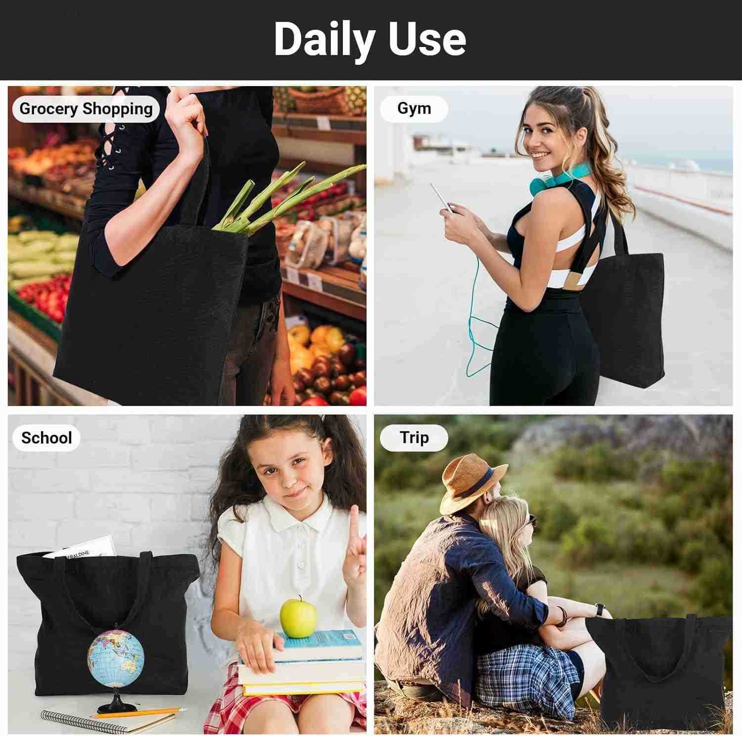 Segarty Blank Canvas Tote Bags 3 Pack 165 x 134 Inches 12Oz Natural Reusable Grocery Shopping Bags Bulk Plain Bag to Decorate Crafts DIY Large Black C