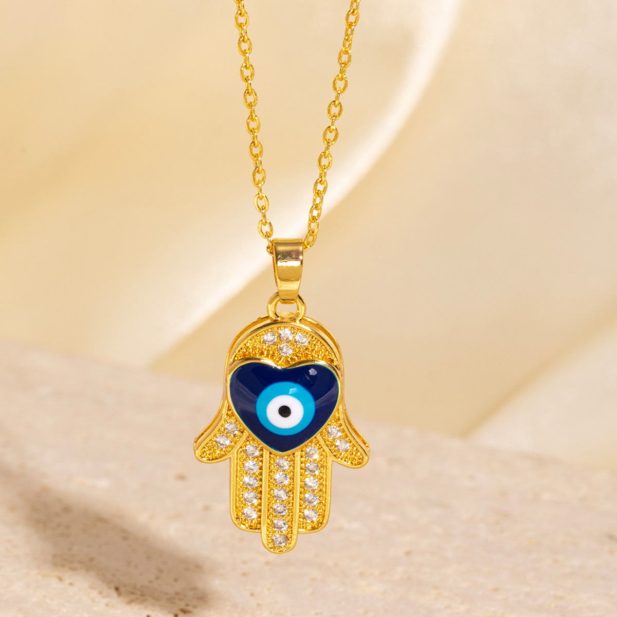 Gold - tone Hamsa Hand Pendant Necklace With Blue Eye And Glittering Rhinestones Cute Daily & Classy Jewelry Gift For Her High - Quality & Trendy Acce