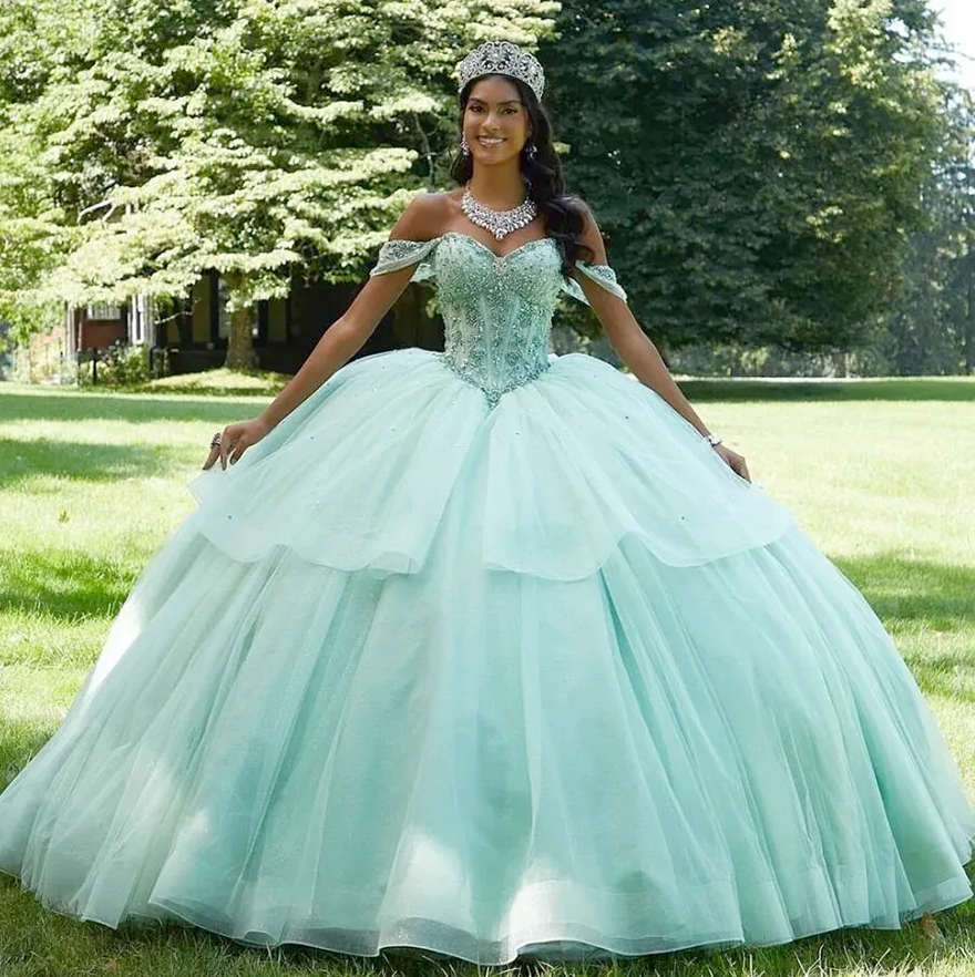 Elgant 2025 Mint Green Quinceanera Dresses Off The Shoulder Croset Back Sweet 16 Prom Gowns Pageant Dress Vestido XV Anos