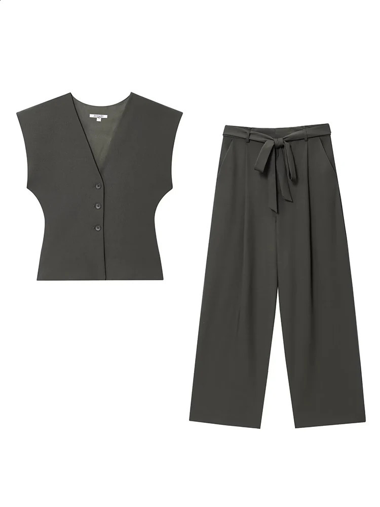 Elegant Chic Belt Pant Set With Women VNeck Slim Sleeveless Vest Straight Pants 2025 Autumn Fashion Leisure Commute Lady Set 250917