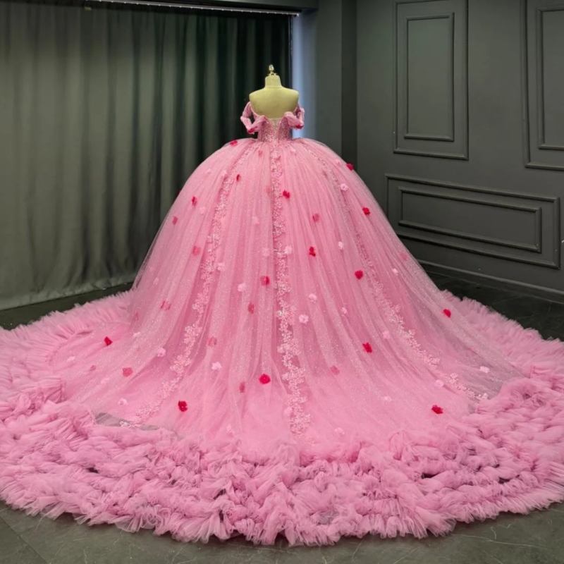 Pink Shiny Quinceanera Dresses Off The Shoulder Applique Lace Beads Corset Tiered Tull Party Birthday Sweet 16 Dress Vestidos De 15 Anos
