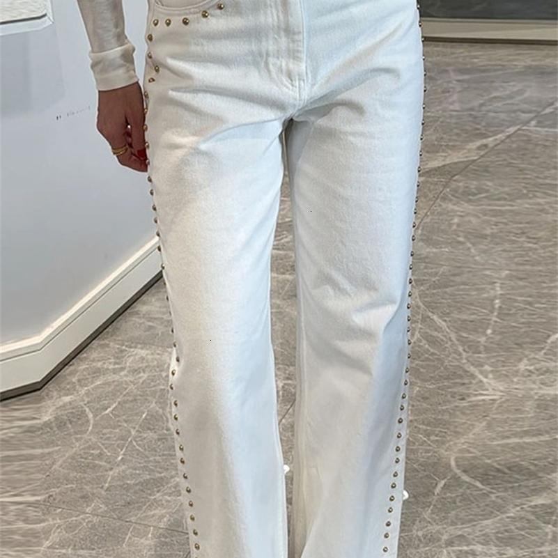 Street Bead White Jean Women Chic Baggy Wide Leg Straight Pocket Zipper Denim Long Pants 2025 Spring Casual Commute Lady Trouser Z260313