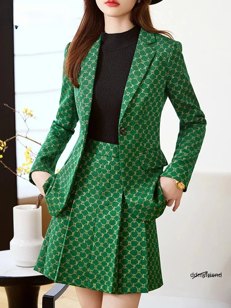 Khaki Elegant Temperament Long Sleeved Professional Jacket Skirt Two Piece Set Color Plaid Slim Fit Business Casual Suit 250723 ddmyfriend