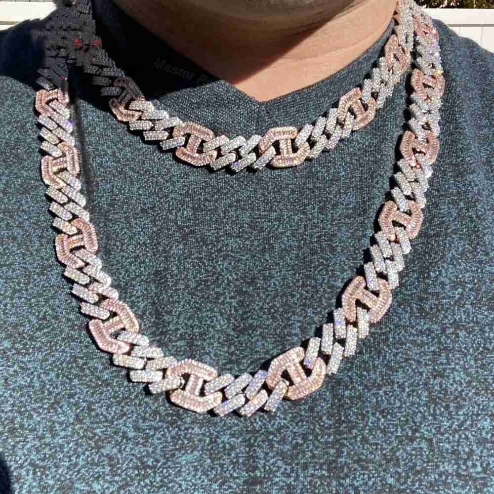 15mm Cuban Link Chain 925 Sterling Silver Iced Out Baguette Rose Gold Hiphop VVS Moissanite Cuban Chain