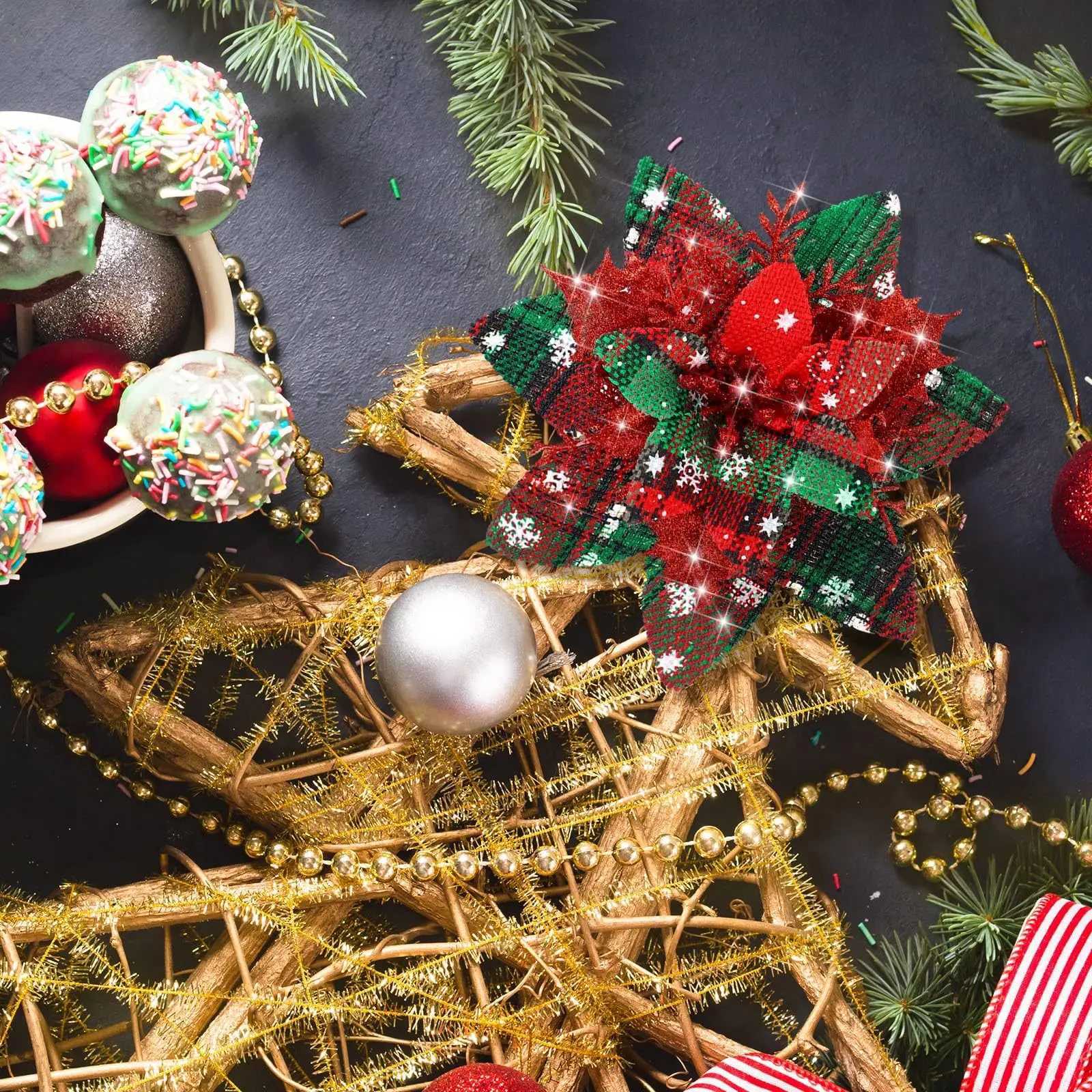 5PCS Glitter Christmas Poinsettia Artificial Flowers with Clips Stems for Xmas Tree Wreath DIY Wedding Home New Year Decorations C250919