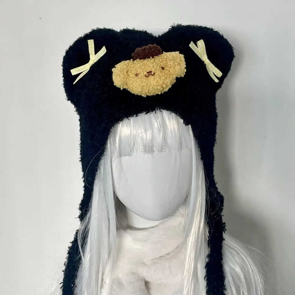 Sanrio New Cinnamoroll My Melody Hat Kawaii Kuromi Cute Bow Bear Ear Needle Knitted Hat Cartoon Plush Solid Color Ear Protection Hat L250919