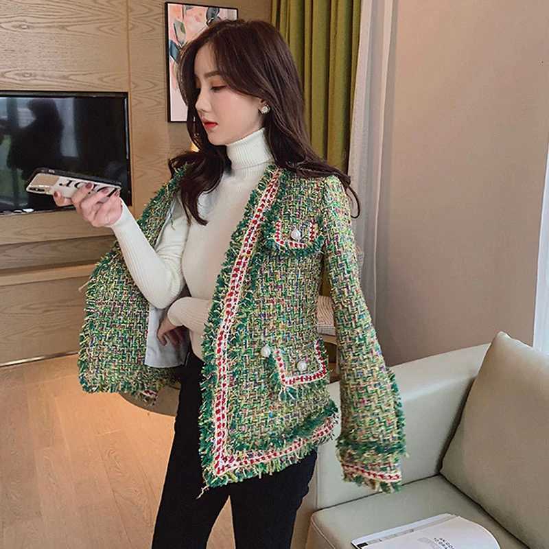 New High Quality Designer Women Tweed Jackets v neck 2022 Spring Autumn Womens Long Sleeve Pearl Button Slim Tweed Coats QT52 Z250918