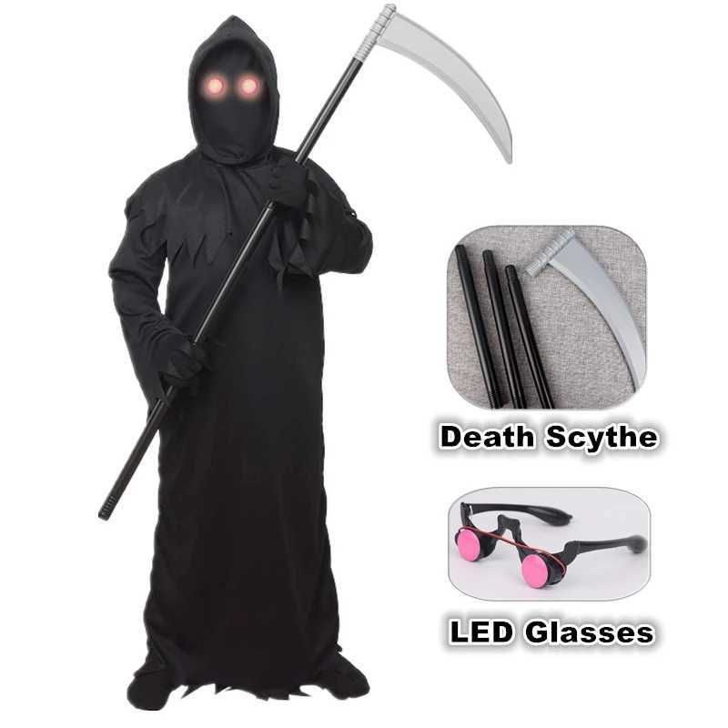 Grim Reaper Halloween Spooky Costume Children Cosplay Robe with Glow Red Eyes Death Scythe Party Scary Clothes L250918