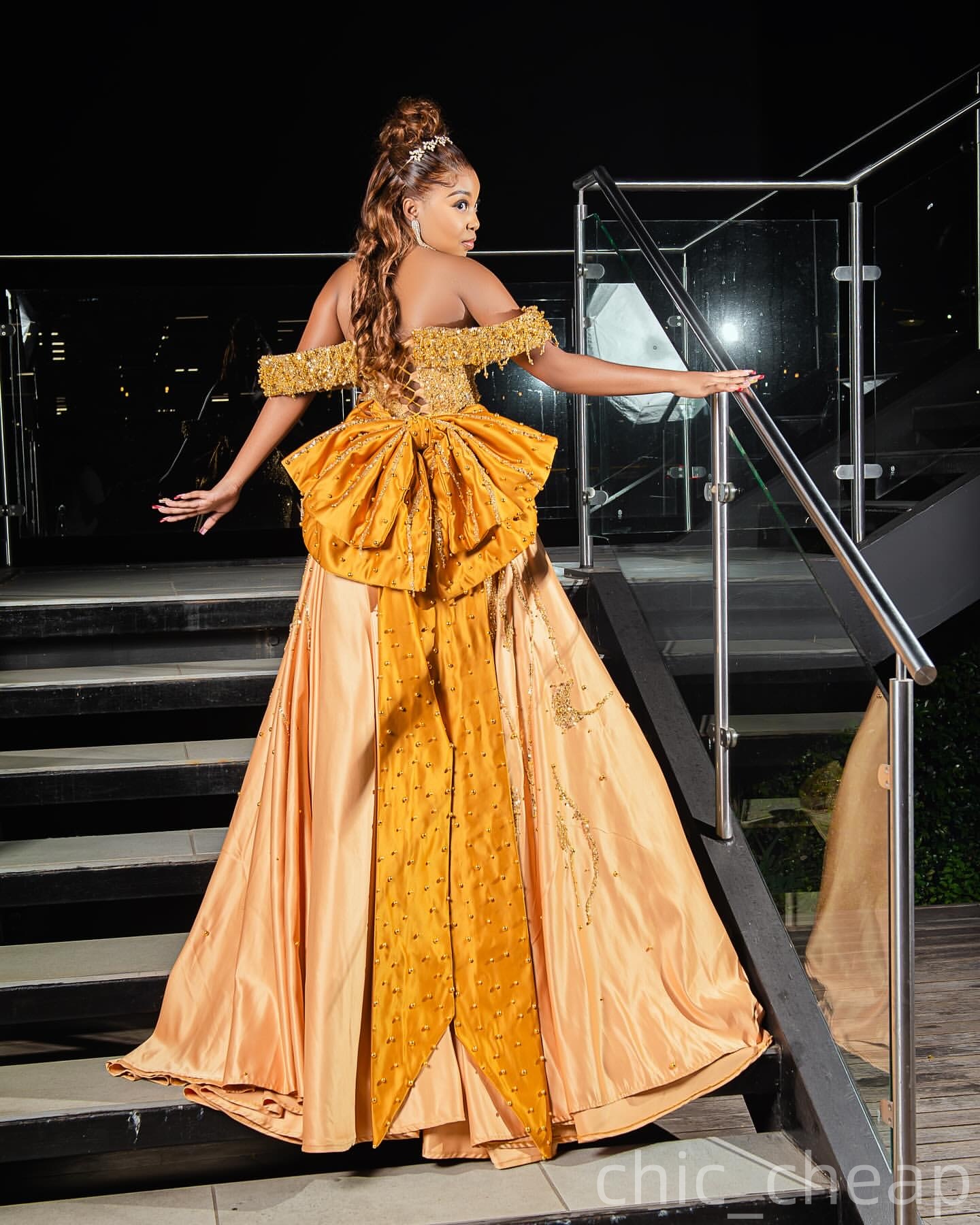 Mermaid Gold Prom Dresses 2025 Beaded Pearls Detachable Train Evening Formal Party Second Birthday Engagement Gowns Plus Size Dress For Special Occasi