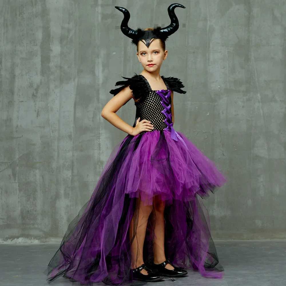 Purple Devil Queen Tutu Mesh Costume Halloween Girls Fancy Trailing Dress With Feather Shawl Royal Kids Ball Gown Robe Outfits L250918