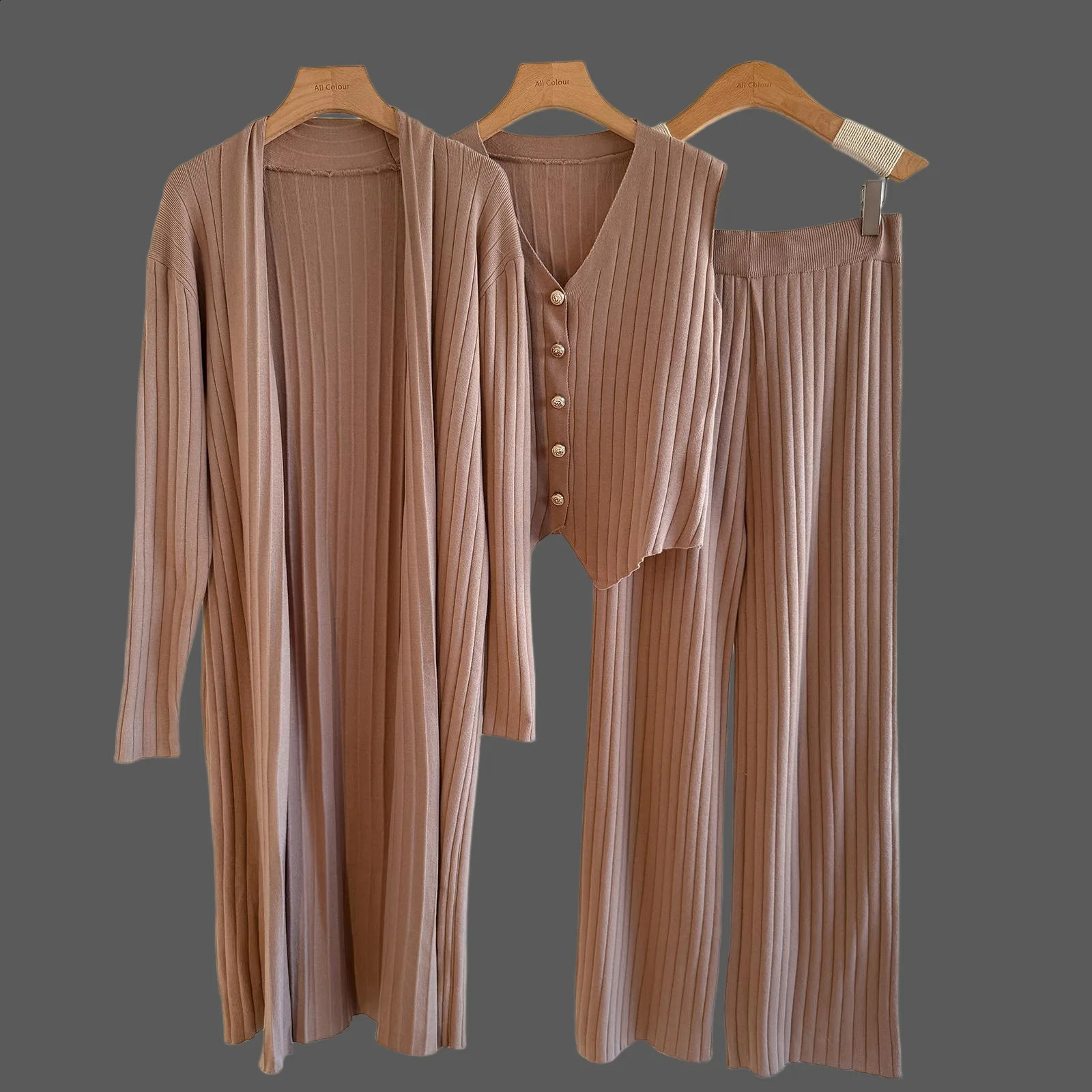 Three Piece Set for Women Autumn Winter Knitted Cardigan Loose Knitted VestLong cardiganWide Leg Pant Soft Tank Top Set 250917