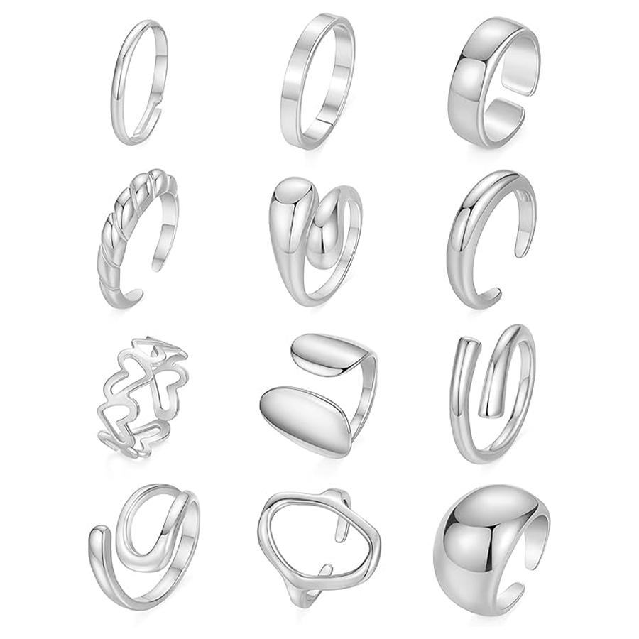 12Pcs Silver Chunky Rings Stackable Open Knuckle Ring Set Hollow Heart Twist Croissant Dome Band Statement Finger Rings for Women Silver Tone Adjustab