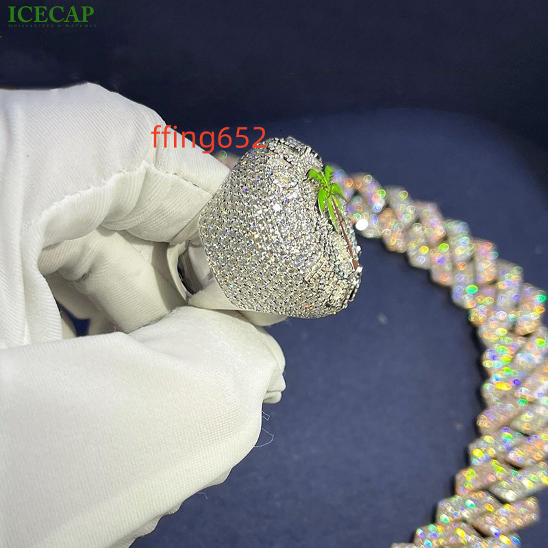 LIFENG Mens Hiphop Coconut Palm Shape Ring Iced VVS Moissanite Diamond 925 Sterling Silver Hip Hop Rappers Fashion Accessory