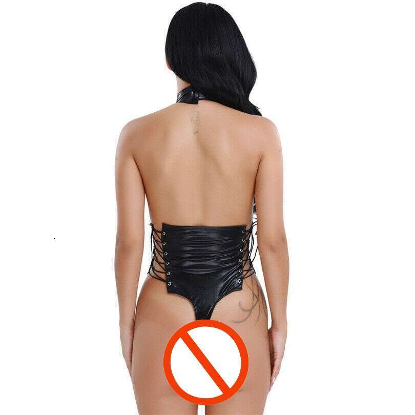 Sexy Lingerie for Women Glossy Patent Leather Bodysuit Stage Buckle Strap Tie-up Pole Dance Jumpsuit