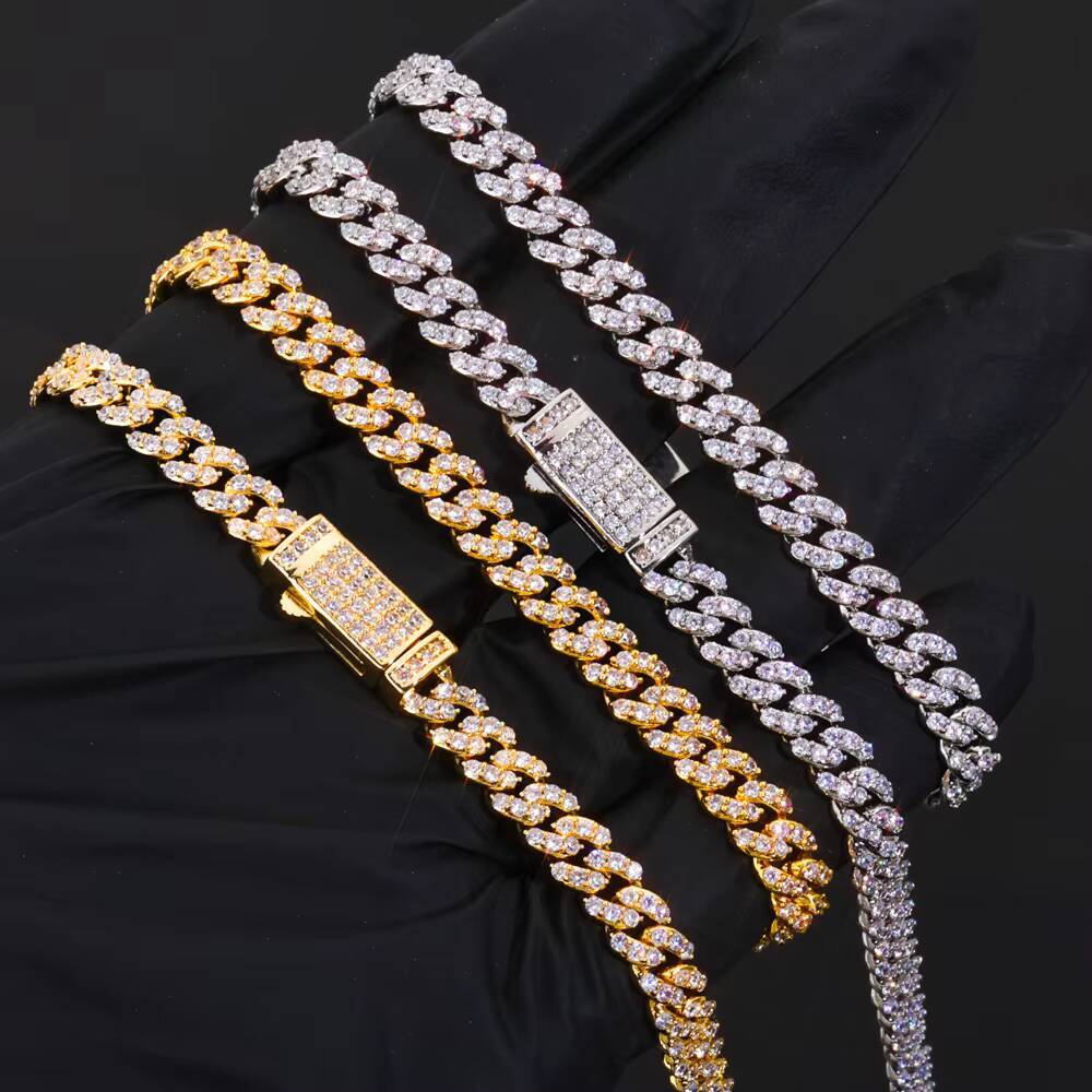 NUOYA Elegant 6mm Gold Plated Cuban Link Chain Full Pave Moissanite Iced Out Shiny Bracelet Luxury Hip Hop Jewelry
