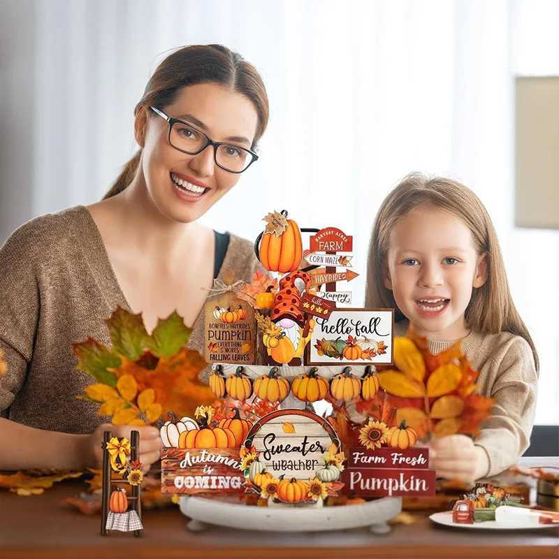 Thanksgiving Day Wooden Desktop Ornament Table Decoration Fall Harvest Tiered Tray Decor Pumpkin Maple Leaf Accents Farmhouse C250919