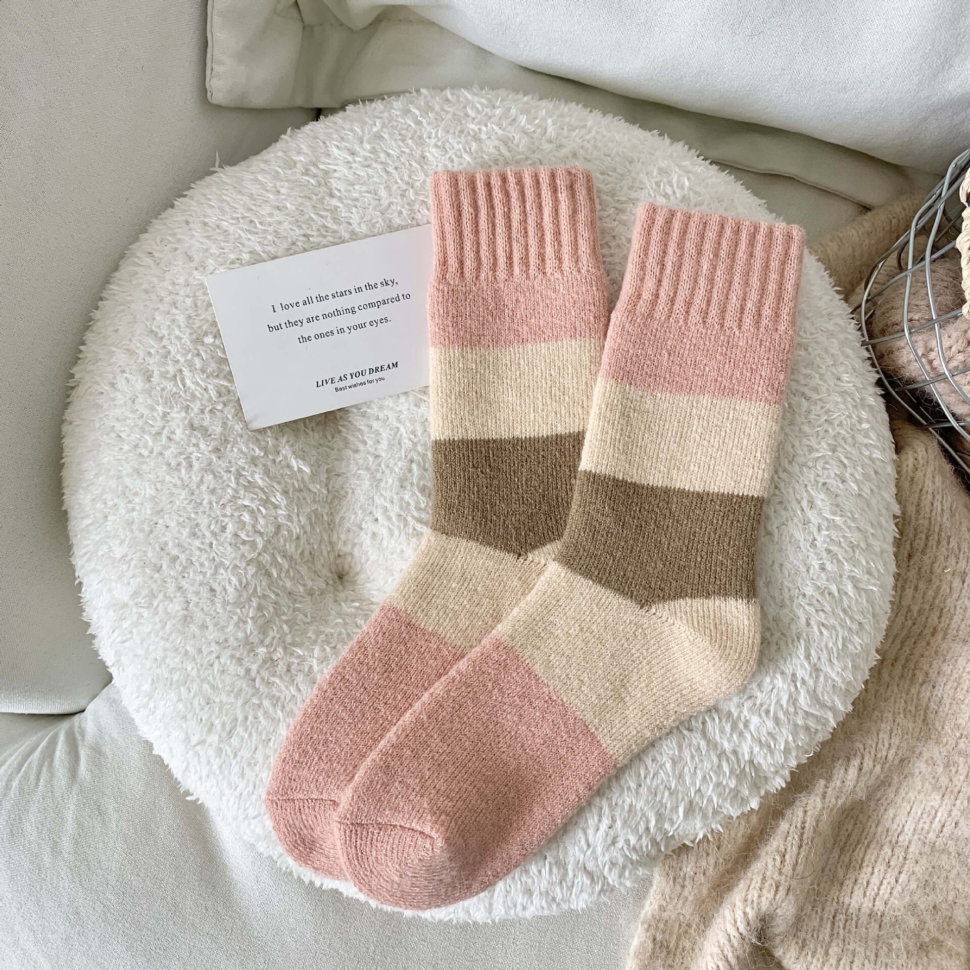 Wool for Women, Autumn and Winter Thickened Warm Terry Mid-Calf Socks, Pink Sweet Cute Girl Towel Socks