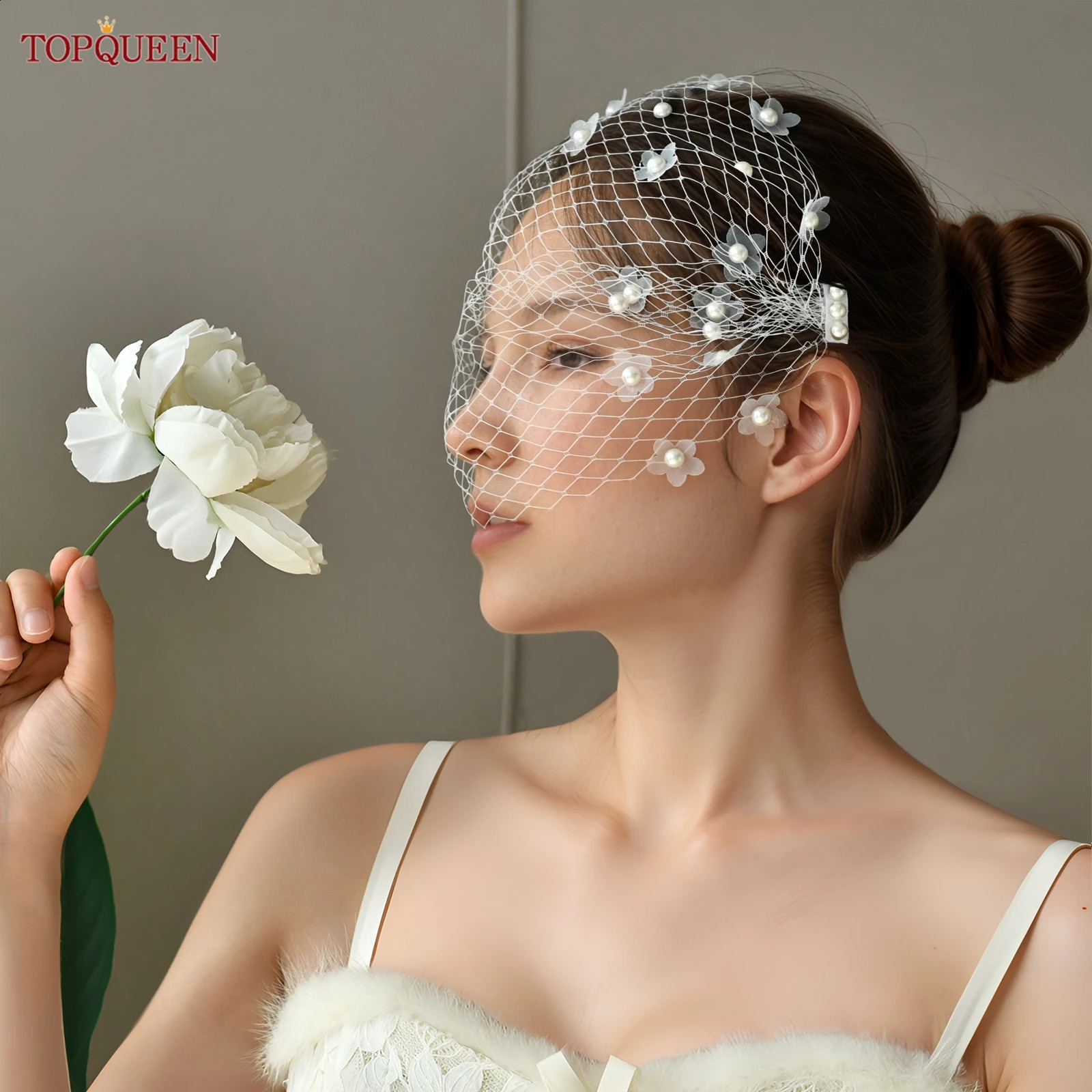 TOPQUEEN Va05 3d Flower Single Layer Bird Cage Veil Blusher Veil White Black Pearl Headband Bridal Hair Accessories Customizable 250918