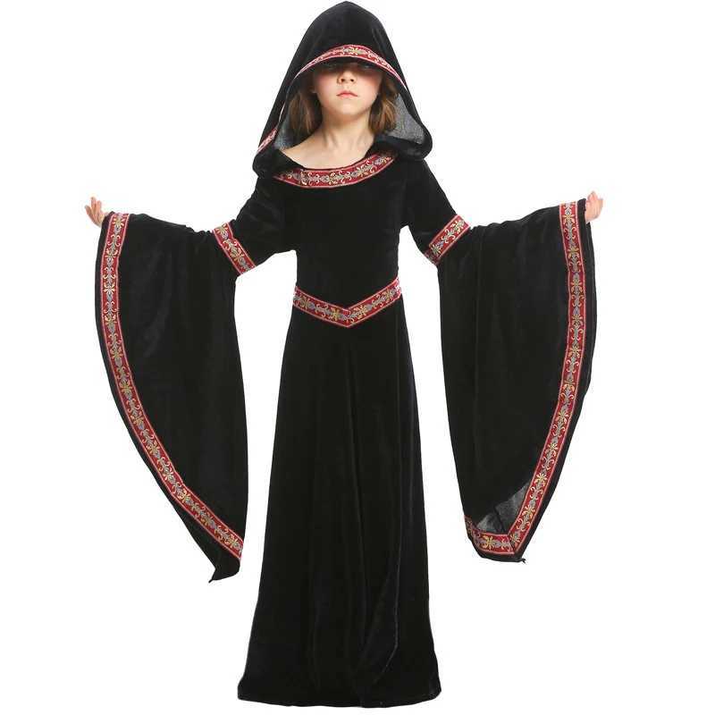 Medieval Cosplay Vampire Witch Dress Halloween Costumes for Kids Girls Middle Ages Carnival Party Performance Long Hoody L250918