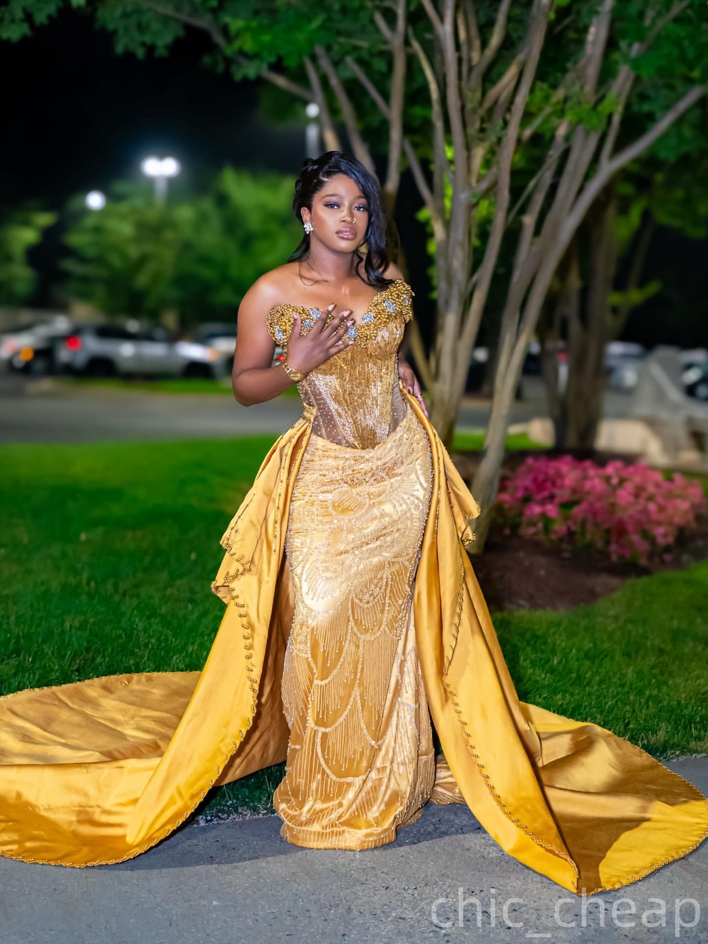 Mermaid Gold Prom Dresses 2025 Pearls Beaded Sequined Detachable Train Evening Formal Party Second Birthday Engagement Gowns Plus Size Dress For Speci