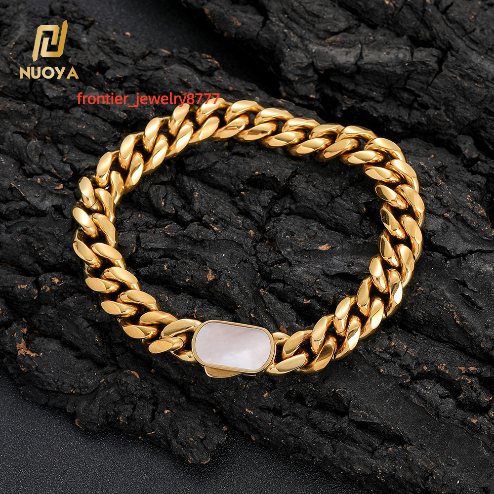NUOYA Hip Hop Bracelet 812mm Stainless Steel Chain Natural Shell Clasp Miami Cuban Link Design Luxury Jewelry