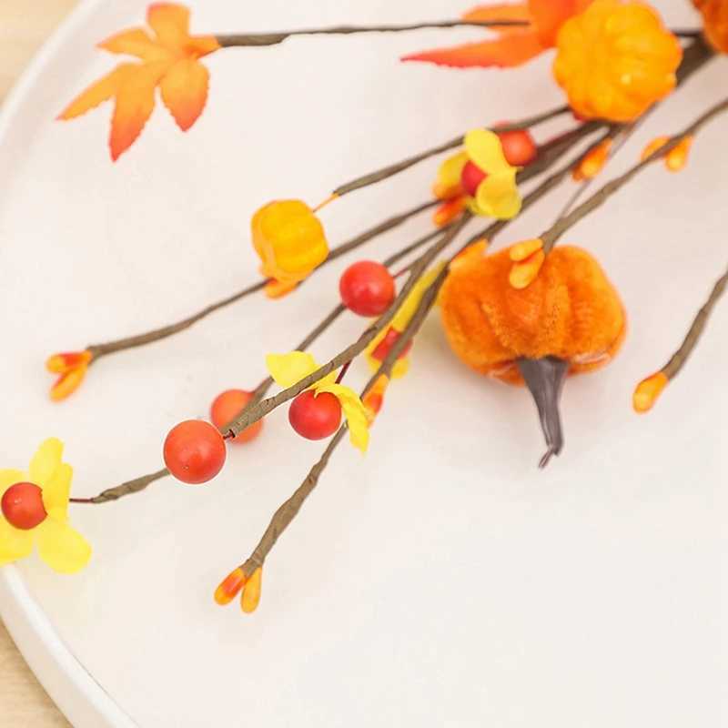 Thanksgiving Simulated Berry Pumpkin Branch Maple Leaves Picks Home Decor Faux Fall Autumn Leaf Adorn Paper Stem Home Decoration C250919
