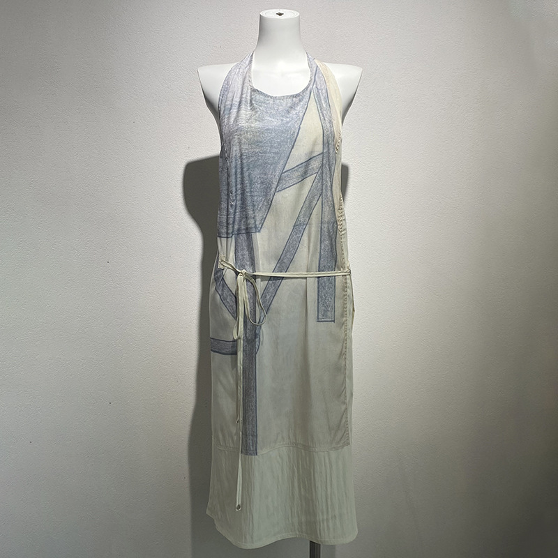 V0344 Summer niche printed splicing sleeveless vest dress halter neck backless dress female trend