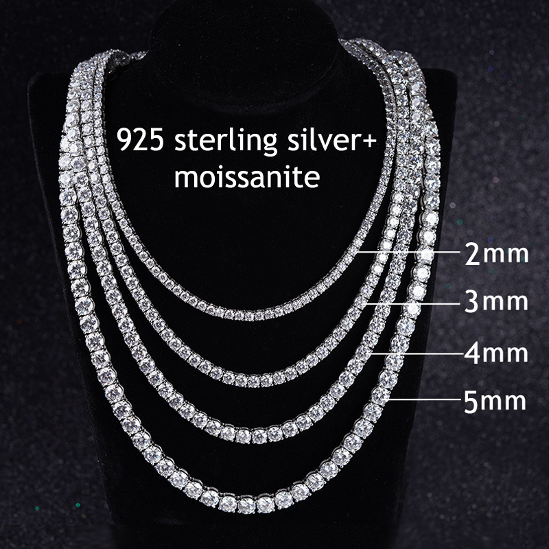 MON 01 Cheapest Price Hip Hop Moissanite Necklace 925 Sterling Silver Iced Out 2mm 3mm 4mm Moissanite Tennis Chain Necklace