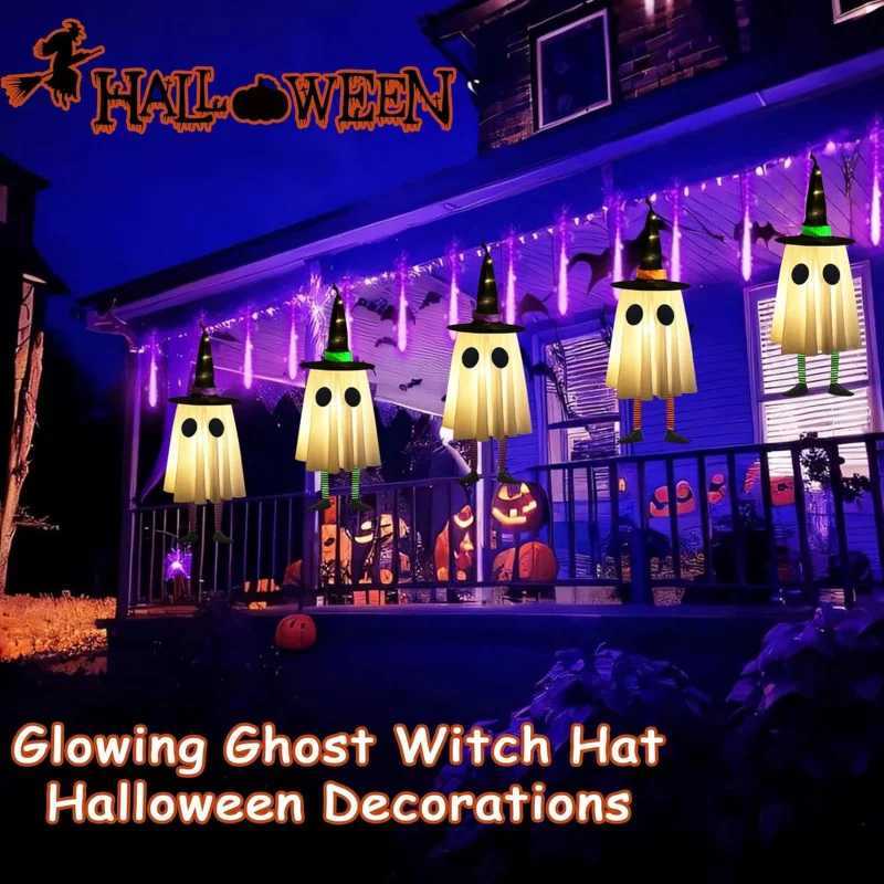 Halloween Hanging Ghost Decorations Outdoor Halloween Witches Hat Lights Glowing Ghosts for Garden Trees Yard Halloween Decor C250919