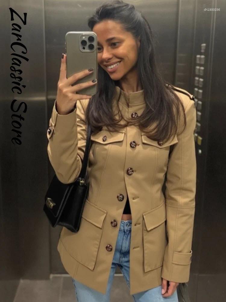 Women's Jackets Vintage Khaki Stand Collar Slim Waist Single Breasted Pockets Long Sleeve Coats 2025 Autumn Lady Commute Outwear