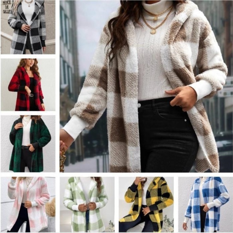 Women Autumn Winter Double Fleece Plaid Cardigan Soft Loose Long Sleeve Plush Warm Hooded Jacket Female Patchwork Outerwear Coat 250923