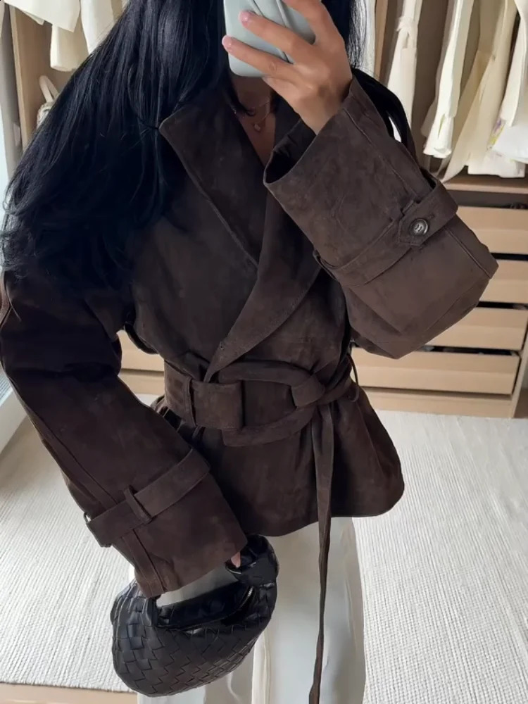 Women Brown Suede Cropped Trench Coat Jacket Belted Notched Lapel Laceup Retro Chic Outerwear Autumn Winter High Street Outfit 250919