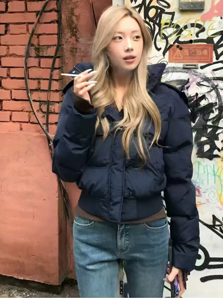 Autumn Winter Fur Hooded Jacket Women Outerwear Thick Dowon Cotton Padded Slim Short Parkas Female Cropped Puffer Bubble Coat 250919