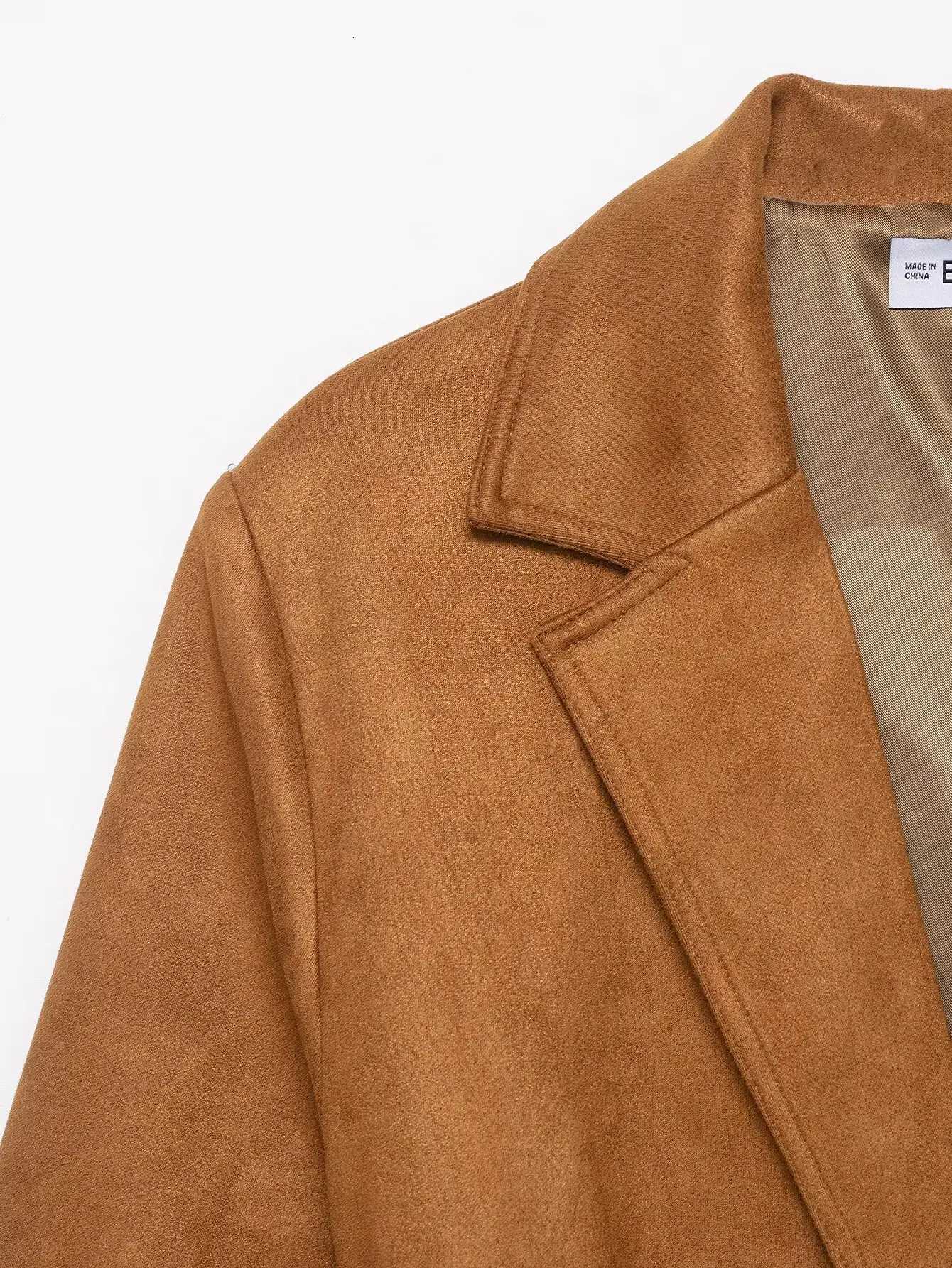 2025 Autumn Faux Suede Vintage Jacket Coats For Women Khaki Casual Lace Up Long Sleeve Cardigan Coat Fashion Commuter Jackets Z250918