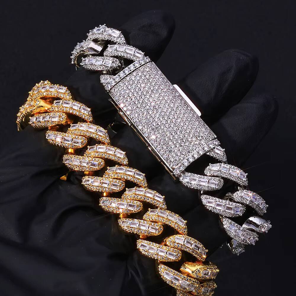 NUOYA Flip Lock Cuban Bracelet 18mm Gold Plated Iced Baguette Cut Moissanite Hip Hop Heavy Duty Jewelry
