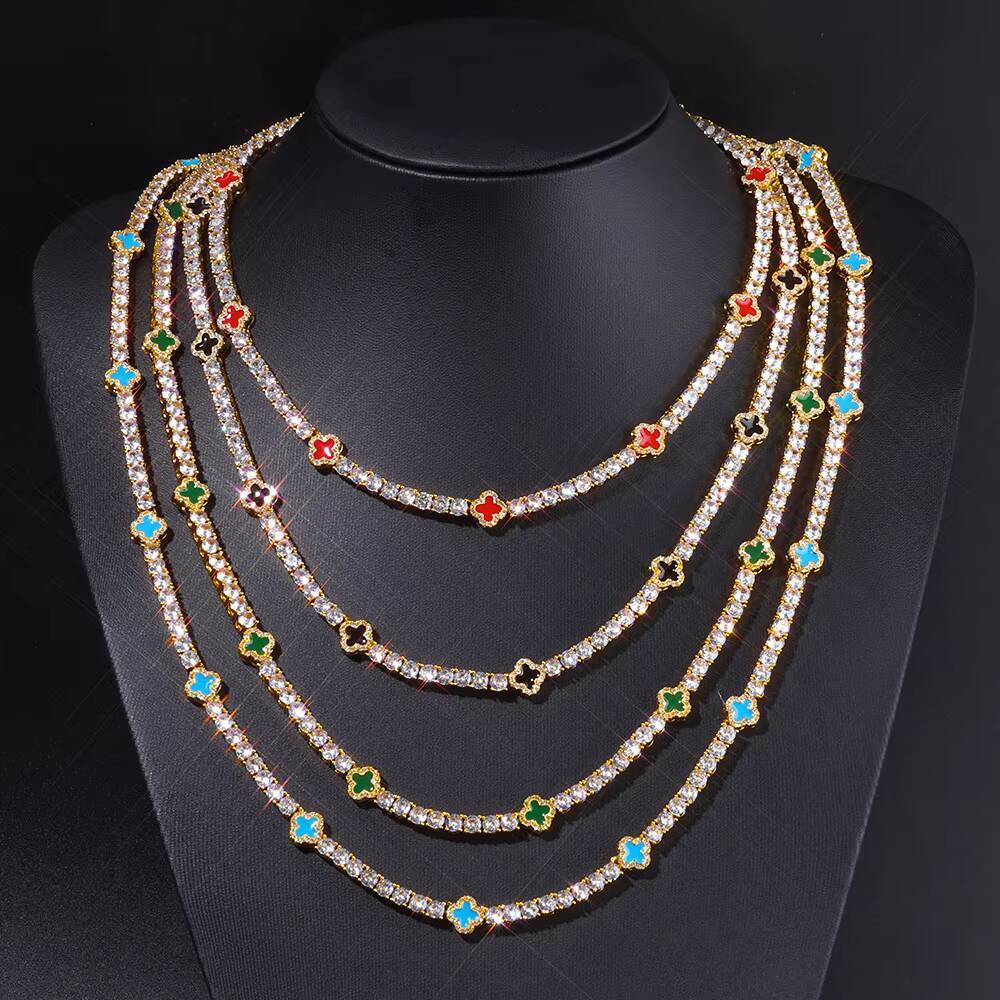 NUOYA Womens Silver Gold Plated Tennis Choker Necklace Four Leaf Clover Iced Out Moissanite Chain Fine Hip Hop Jewelry