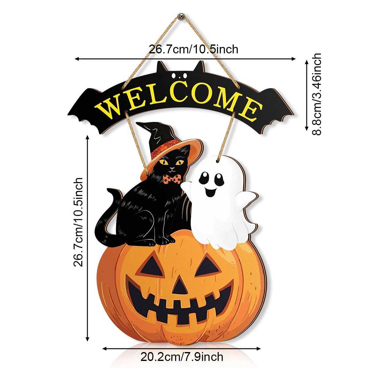 Halloween Welcome Sign with Cat Ghost and Pumpkin Festive Door Decor C250919