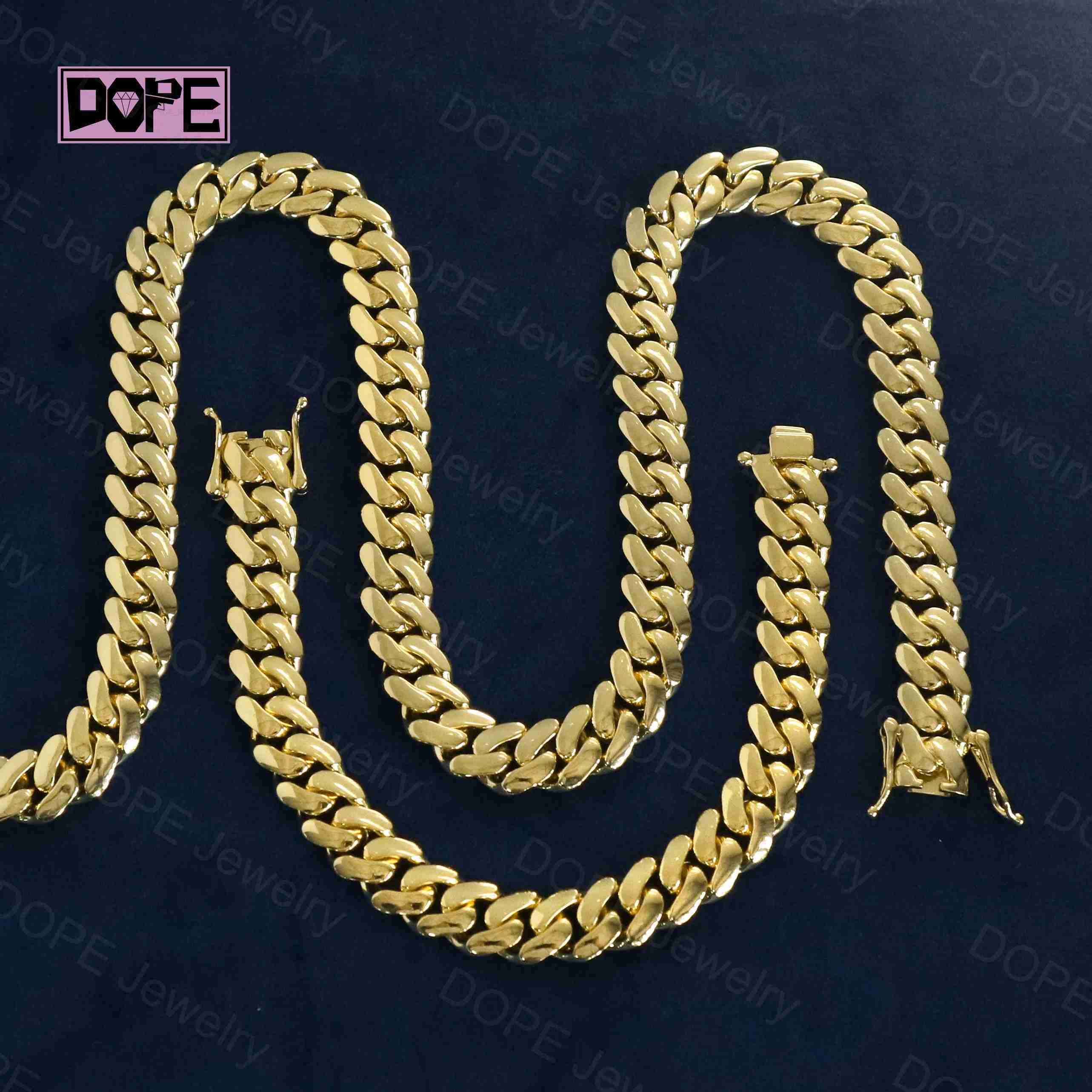 14K Gold Plating Hiphop Cuban Chain Copper Alloy Men Necklace 10mm 12mm Plain Miami Cuban Link Chain
