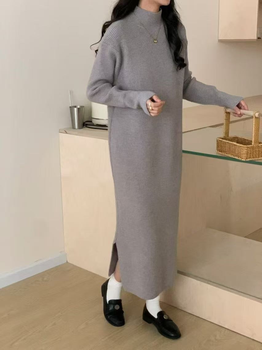 TB178 Thickened Knitted Sweater Dress with Side Slits and Long Sleeves