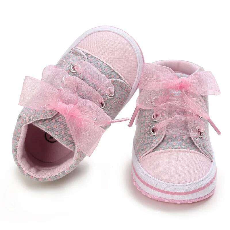 Best-selling Newborn Infant Wearable Toddler Girls Canvas Heart Bow Tie Baby Lace Casual Shoes Anti-slip Soft Cotton