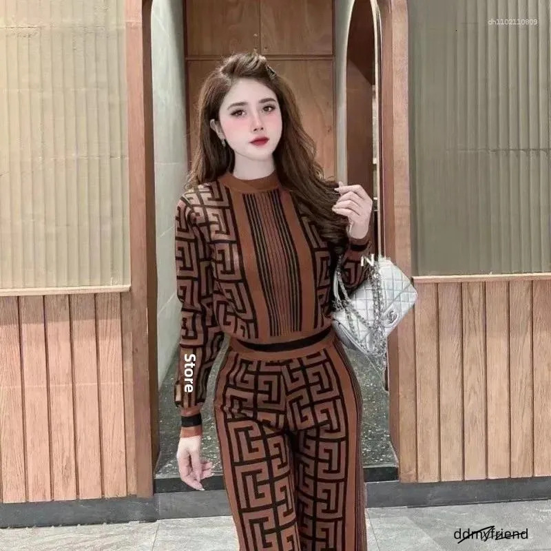 Women's Tracksuits 2025 Fashion Maze Pattern Printed Knitted Top Wide Leg Pants Women Casual Set Two Piece Comfortable Breathable ddmyfriend