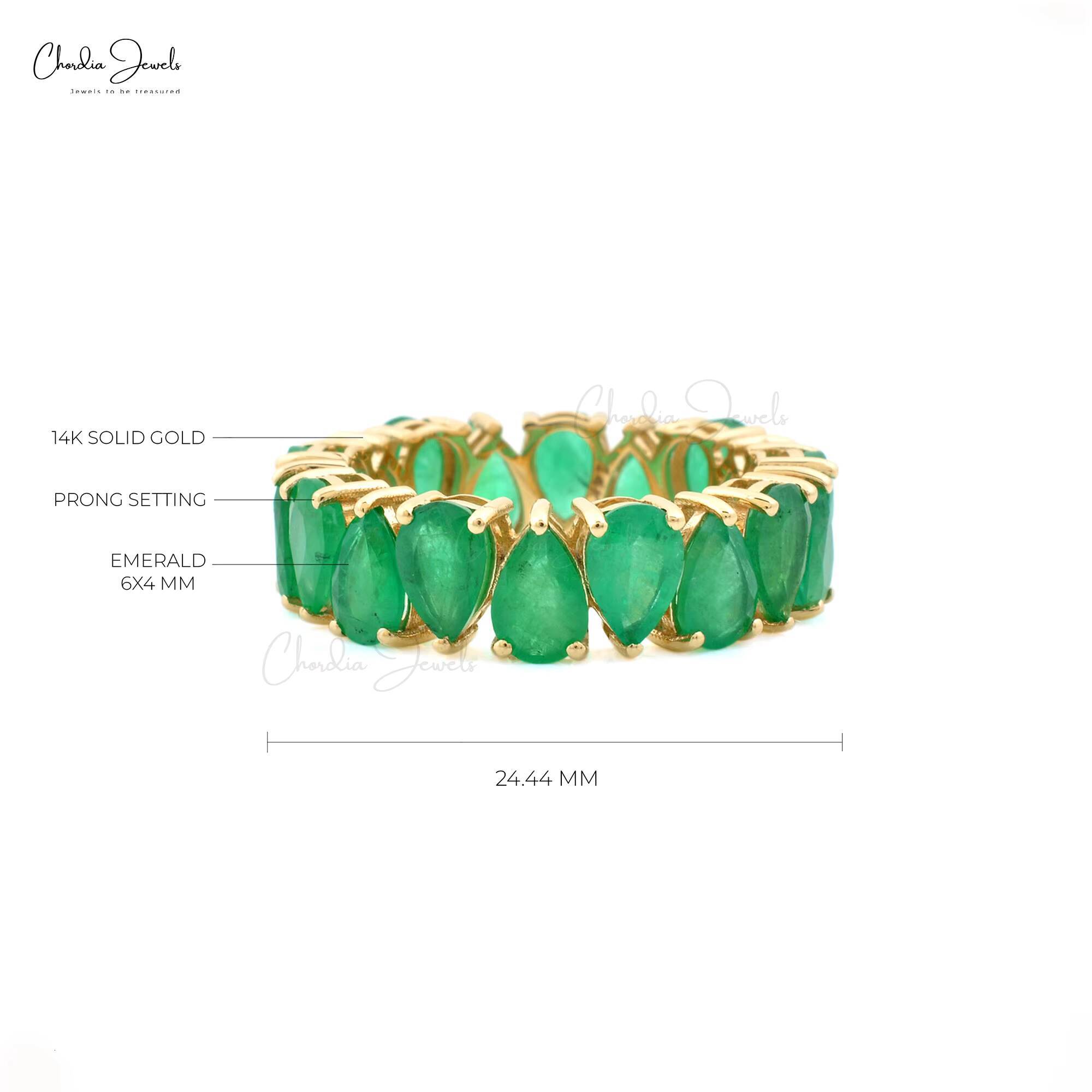 Factory Custom Pear Cut 100 Authentic Emerald Green Gemstone Eternity Band Ring 14k Pure Yellow Gold Rings Jewelry for Women
