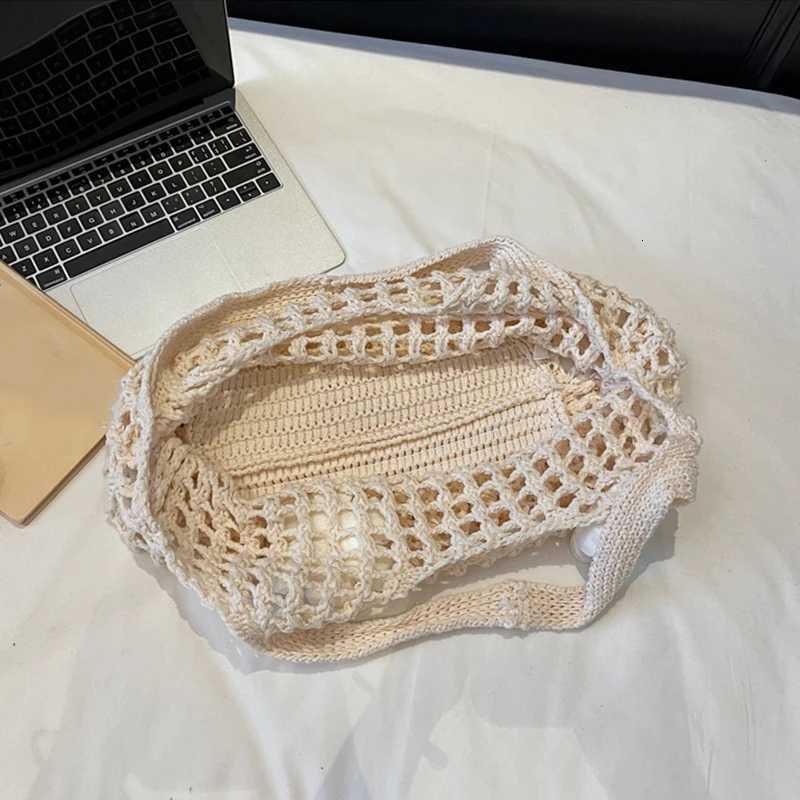 Womens Large Capacity Solid Color Crochet Tote Bag Knitted Hollow Design Fashionable Beach Shopping Bag for Travel And Vacation Z250915