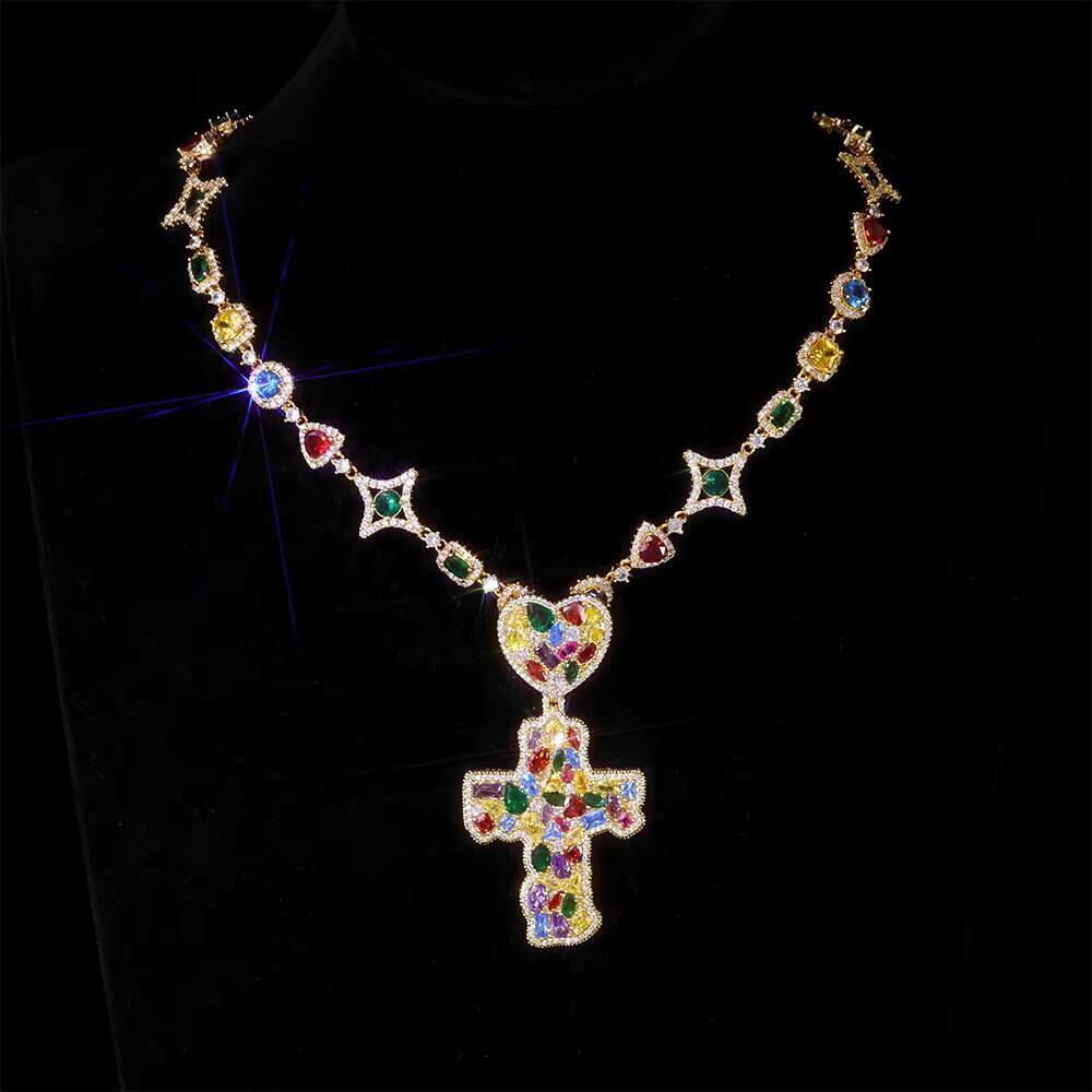 NUOYA Iced Out Colorful Love Hook Cross Pendant Necklace Gold Plated Large Baguette Moissanite Diamonds Custom Charm Hip Hop Jewelry
