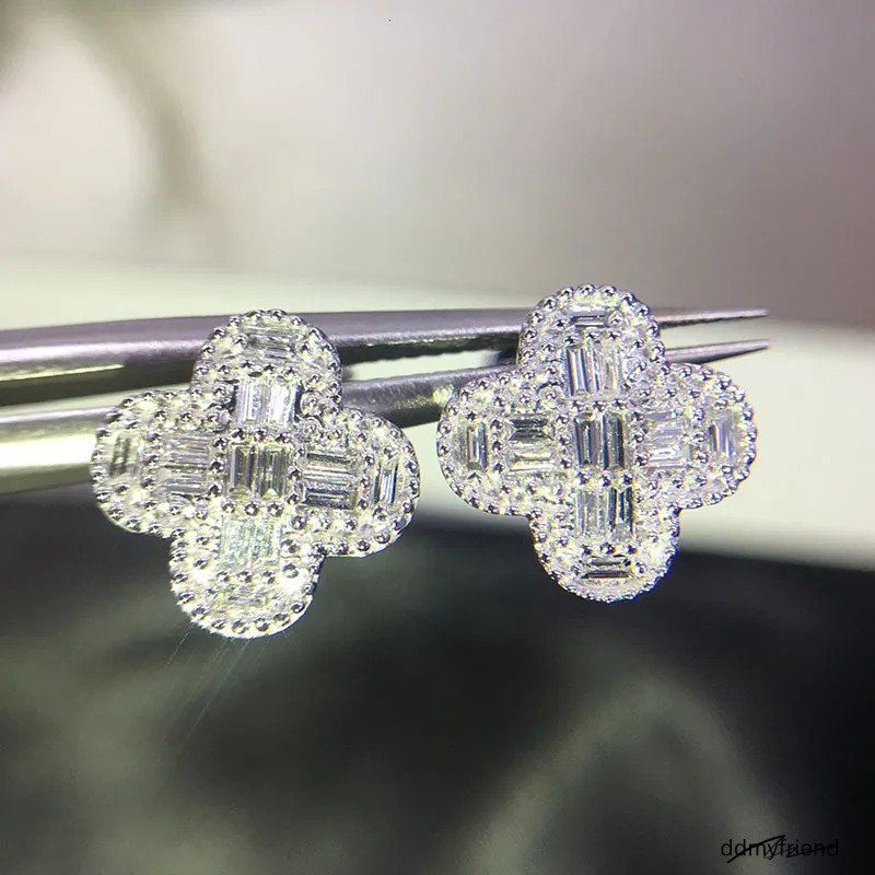 Sier Tone Clover - Shaped Stud Earrings With Baguette Rhinestone Accents Elegant Party Gift For Her High Quality And Sparkling Jewelry ddmyfriend
