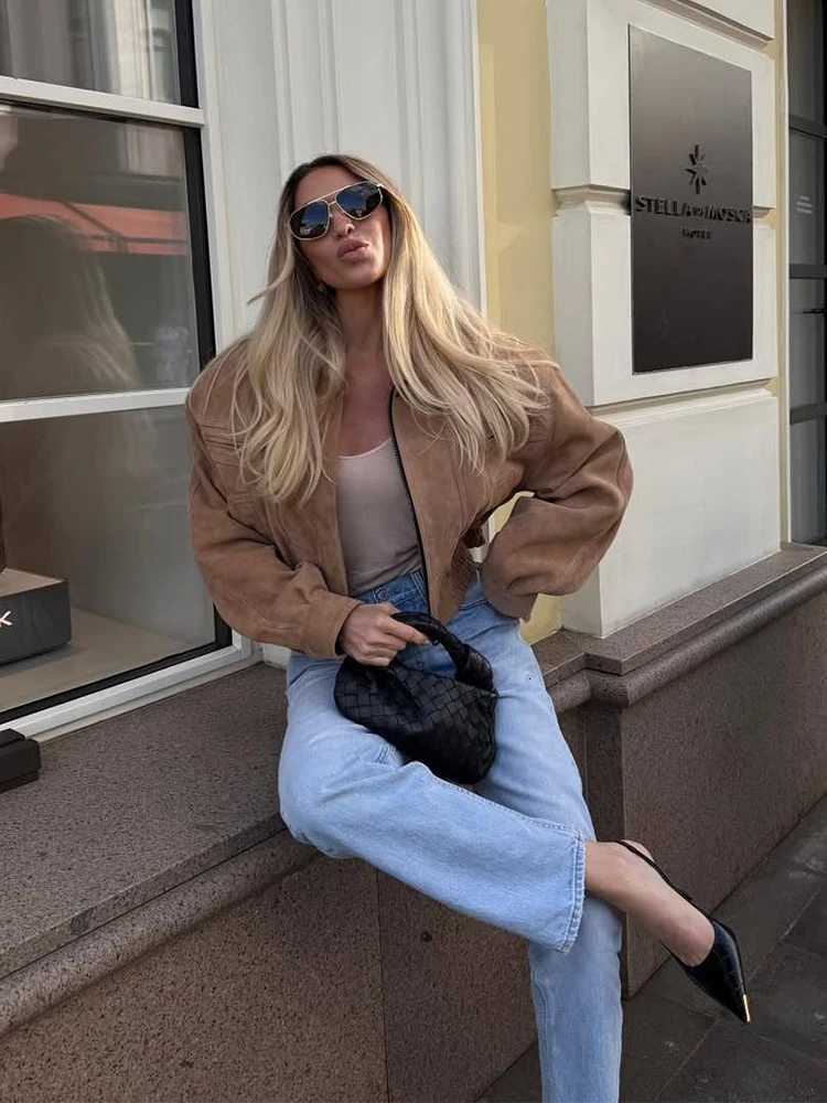 Brown Suede Lapel Zippered Jackets Womens Casual Full Sleeves Pockets Loose Mini Coats Retro Autumn Lady Daily Commute Outwear Z250918