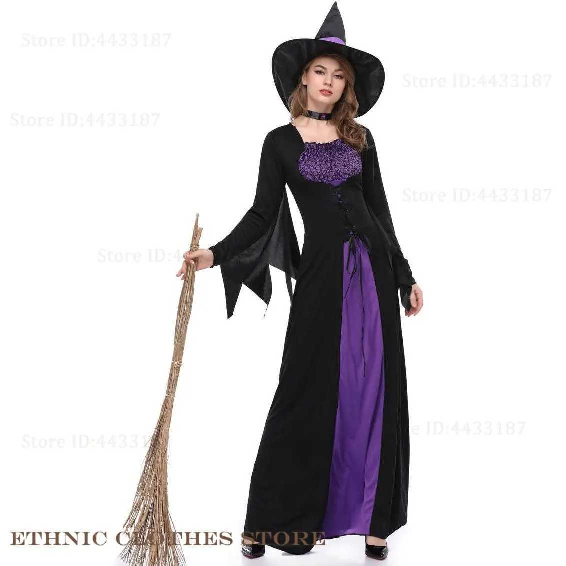 Adult Women Halloween Witch Cosplay Costume Purple Patchwork Vampire Witch Dress Carnival Party Makeup Ball Performance Uniform L250918