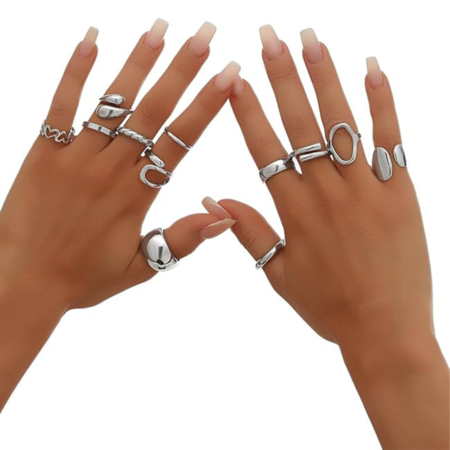 12Pcs Silver Chunky Rings Stackable Open Knuckle Ring Set Hollow Heart Twist Croissant Dome Band Statement Finger Rings for Women Silver Tone Adjustab
