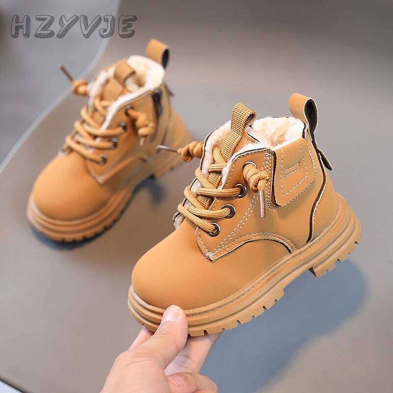 New Children's Fashion Winter Thickened Boys Girls' Anti Slip Warm Leather Boots Side Zipper Solid Color Kids Casual Shoes